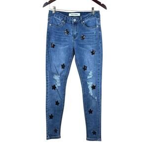 Ashley Mason Juniors Jeans sz 7 Medium Wash Denim Black Sequins Slim‎ Stretch